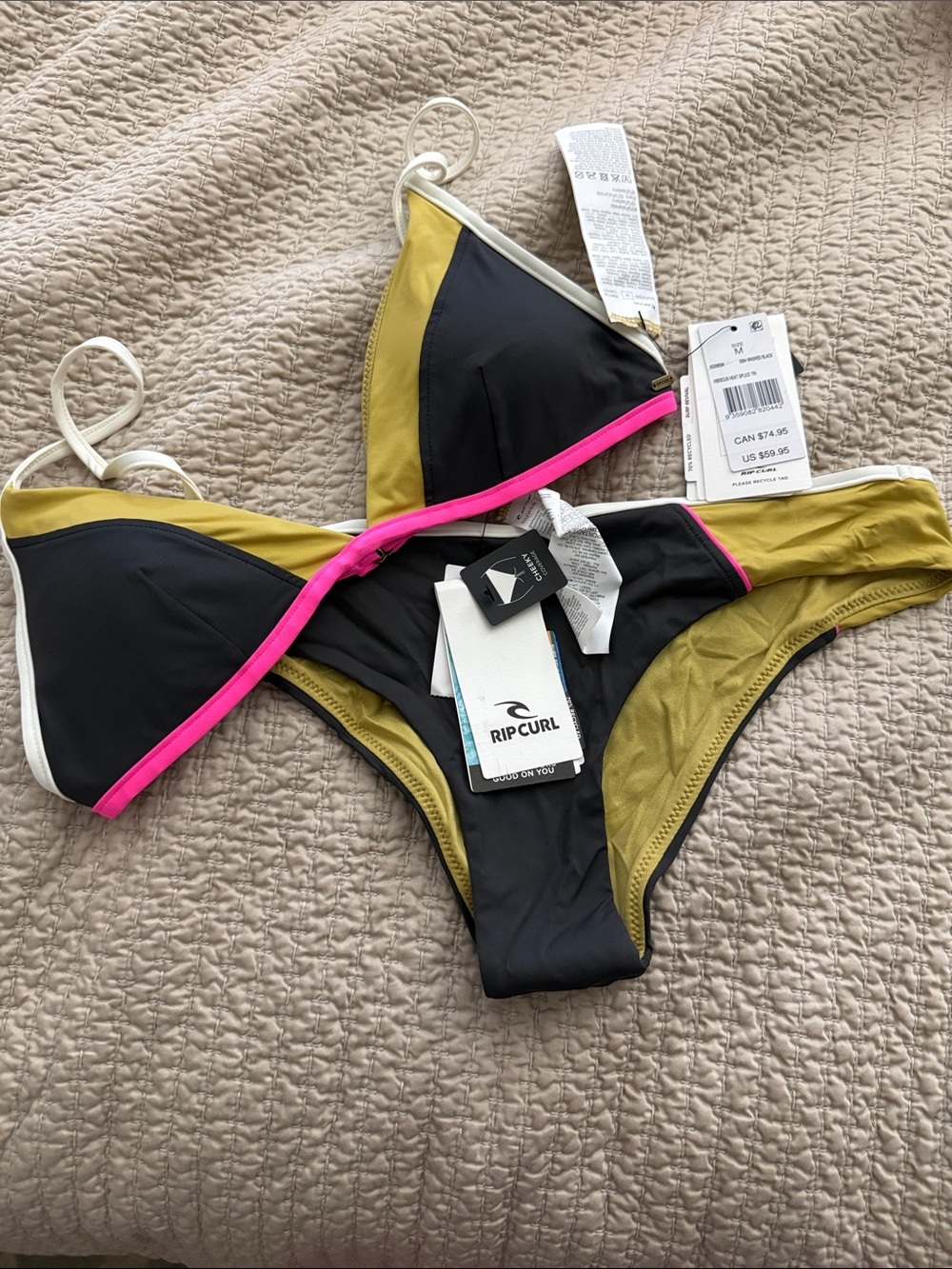 Rip Curl mustard, dark gray, & Hot Pink Triangle Bikini Set - M - NWT